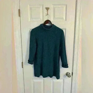 Lands End sweater turtle neck ribbed blue green large petite